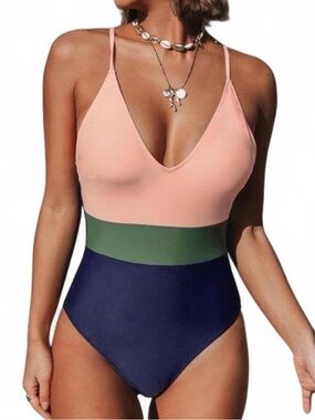 Cupshe OnePiece Swimsuit SzXL Colorblock Peach/Olive/Navy Beach/Pool/Resort Wear